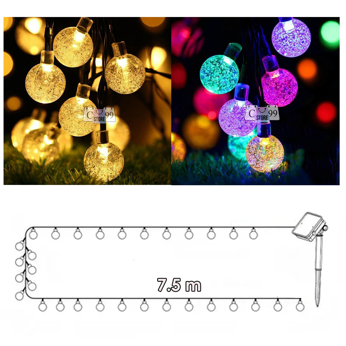 Vista 4 de Luces De Navidad Led Con Panel Solar - Diseño y color: Burbuja Calida